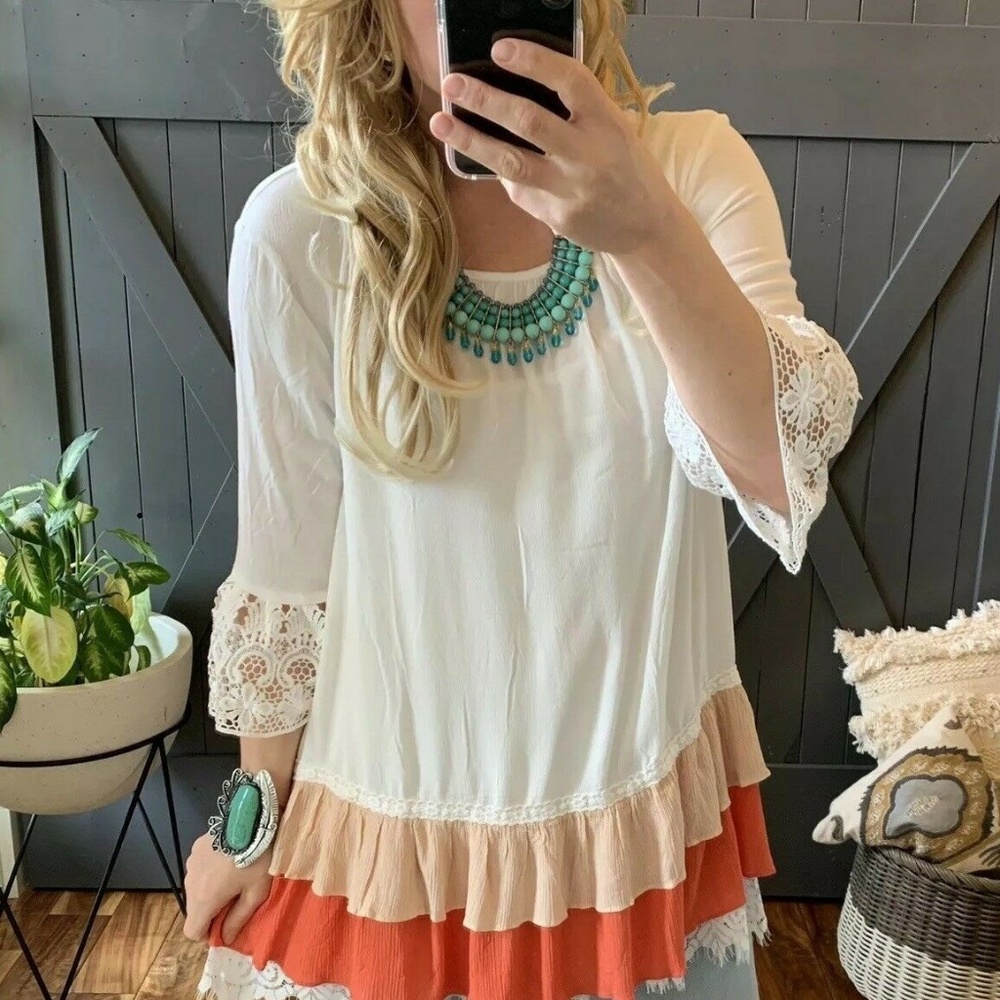 Last Few! Ruffle Hem White Lace Tunic Blouse Top - Picture 6 of 8